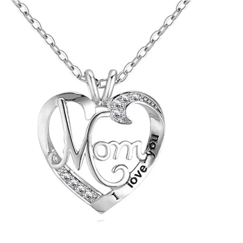 'I Love You Mom' Heart Pendant Necklace – 925 Sterling Silver, Zircon & Crystal
