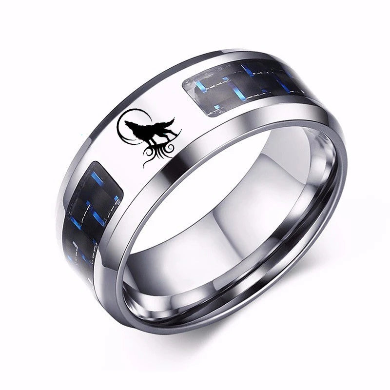 Wolf Engraved Men's Ring - 8mm Stainless Steel Blue Carbon Fiber Band
