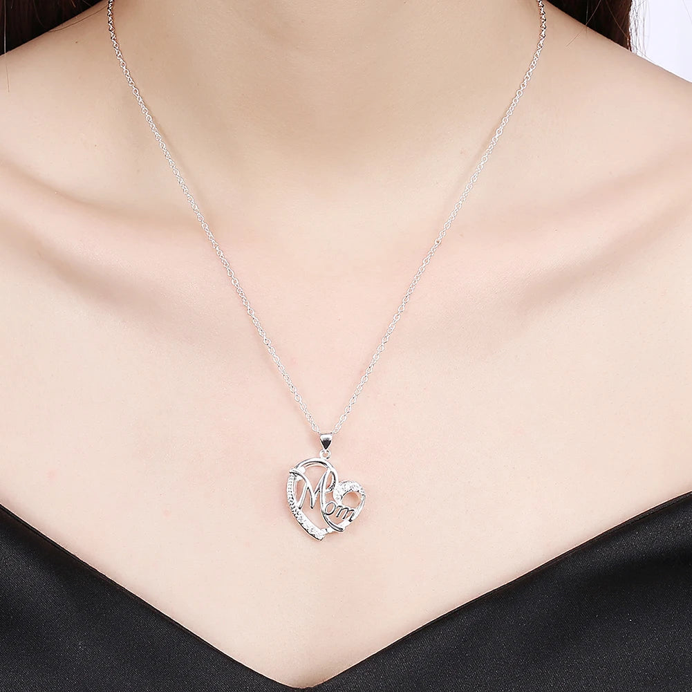 Mom Heart Pendant Necklace – 925 Sterling Silver, AAA Zircon Crystal