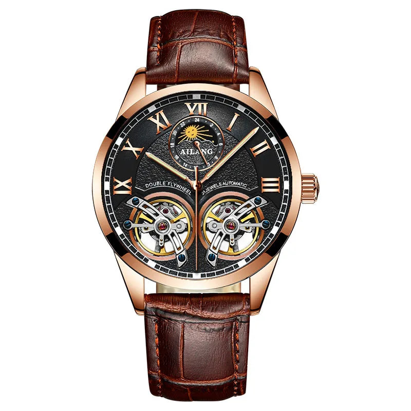 AILANG AL-8822 Double Flywheel Automatic Watch - Moon Phase, Transparent Back, Luxury