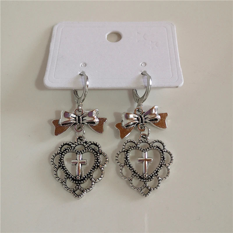 Gothic Heart Cross Bow Earrings
