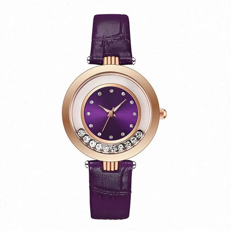 Women's Leather Watch - Diamond Quartz Wristwatch
