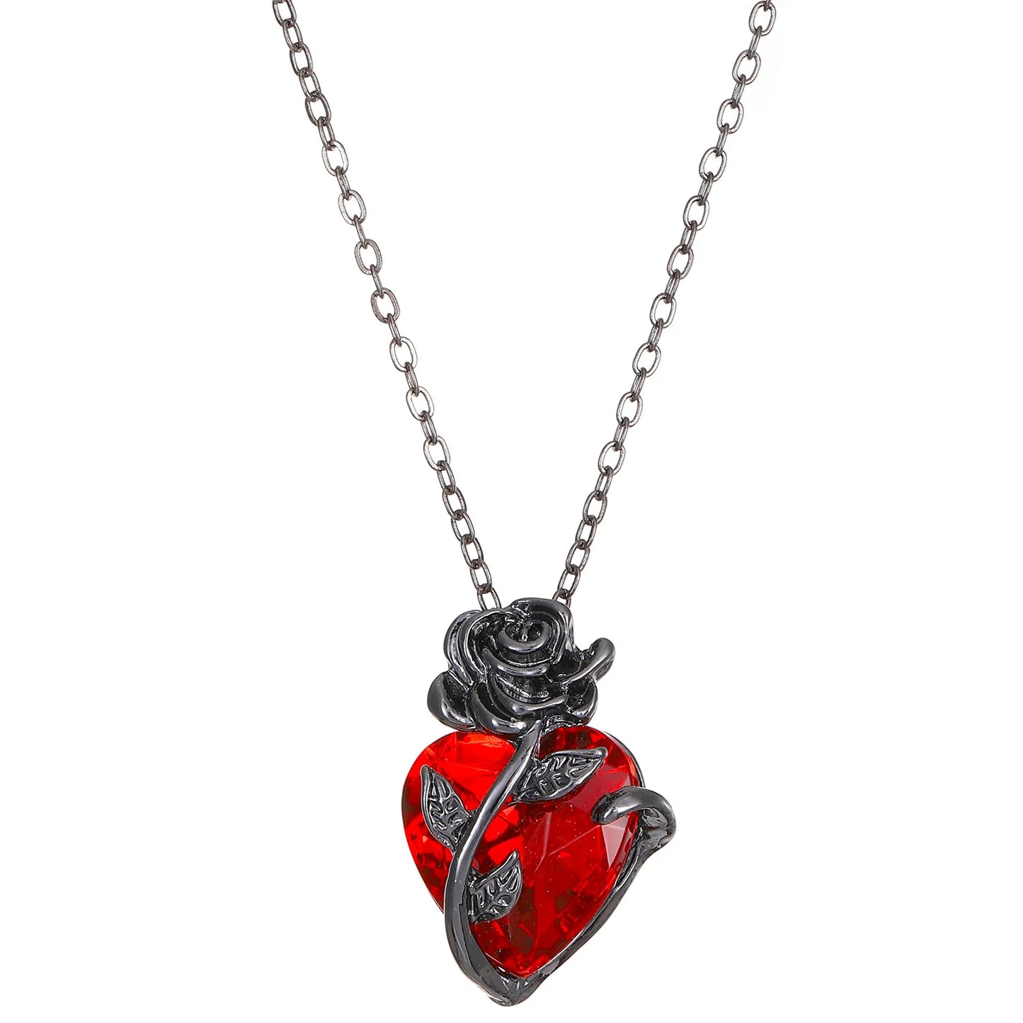 Gothic Red Rose Heart Necklace - Y2K Silver Pendant Jewelry