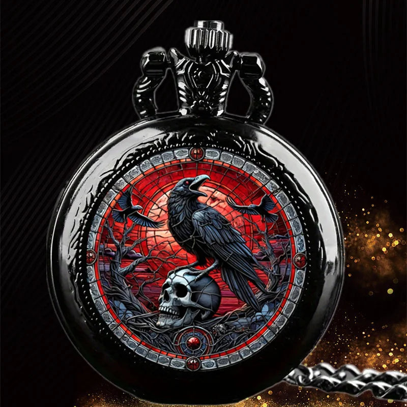 Vintage Crow Pocket Watch - Black Necklace Gift for Kids