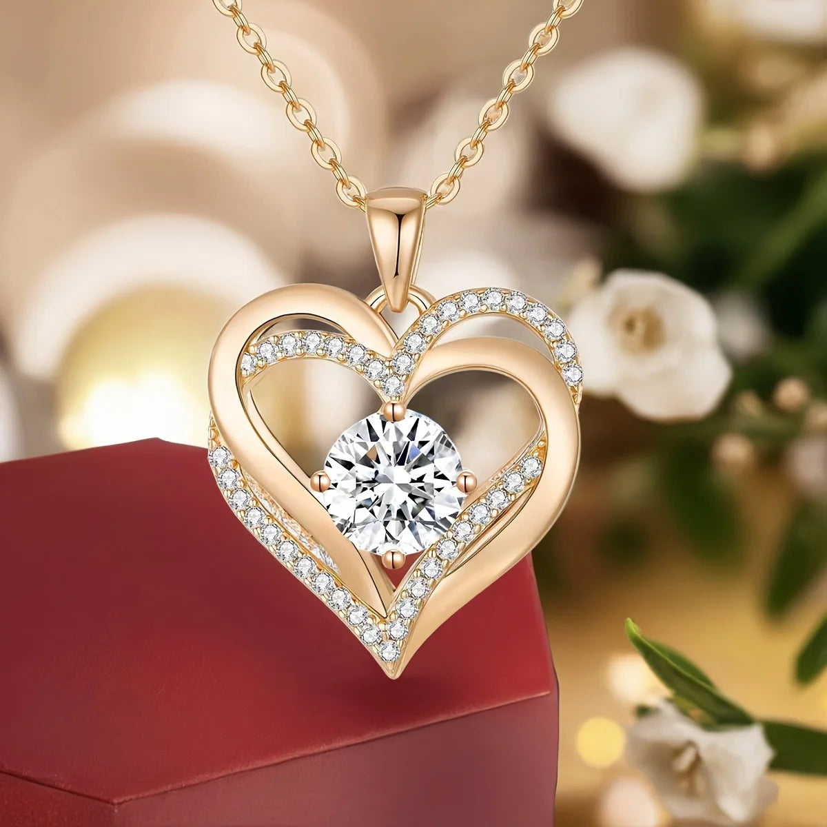 Rose Gift Set with Heart Pendant Necklace - Gift for Her