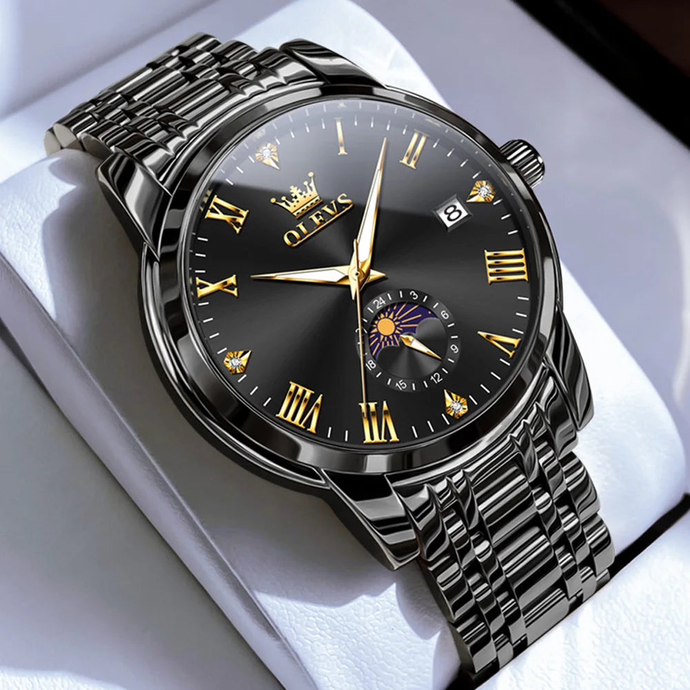 OLEVS Top Brand Men's Watches Fashion Original Quartz Watch for Man Waterproof Stainless Steel Luminous Wristwatch Moon Phase