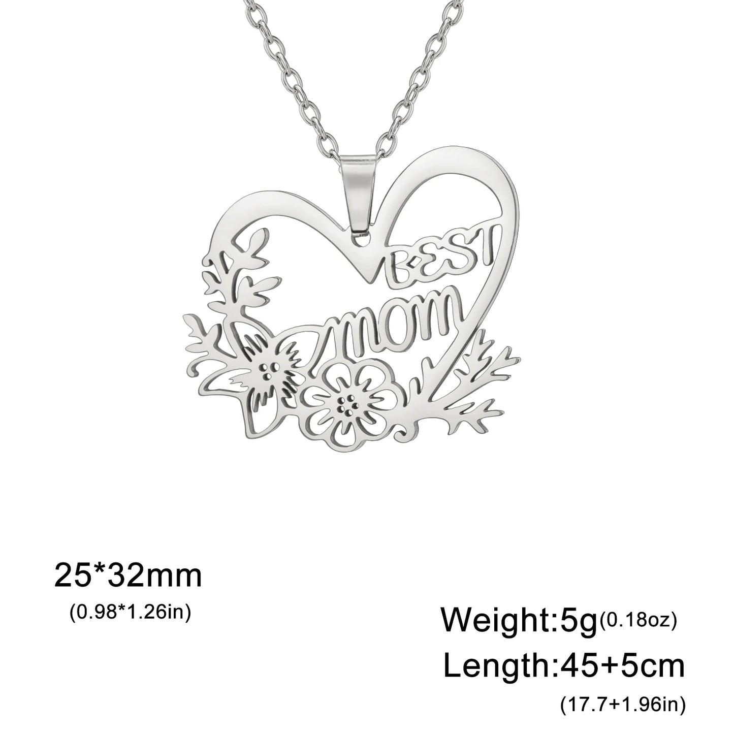 Mom Heart Flower Pendant Necklace – Stainless Steel, Gold & Silver, 45cm