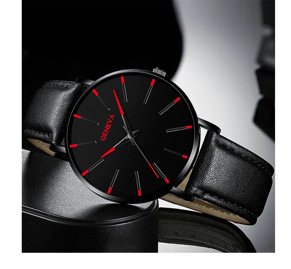 DIJANES Men's Quartz Watch & PU Leather Bracelet Set - Numberless Dial, Buckle, Fashion Casual