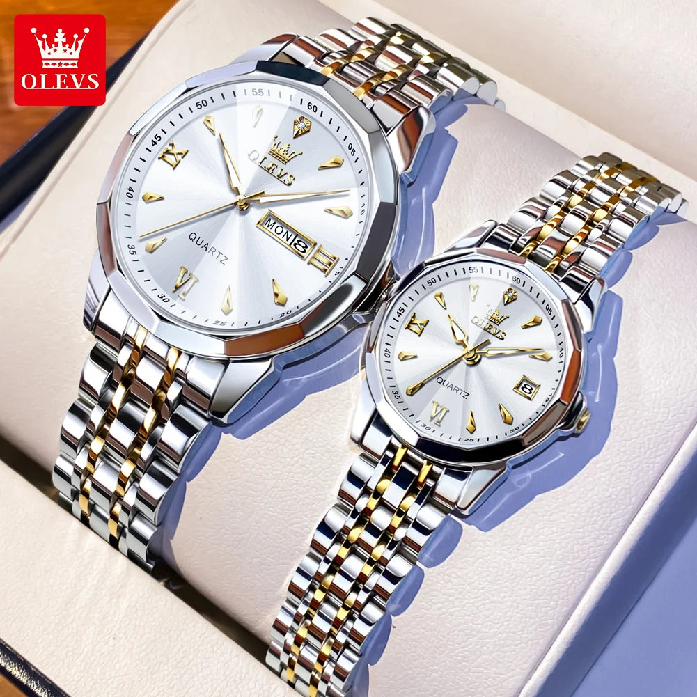 OLEVS 9998 Couple Watches - Rhombus Mirror, Luminous Date, Waterproof