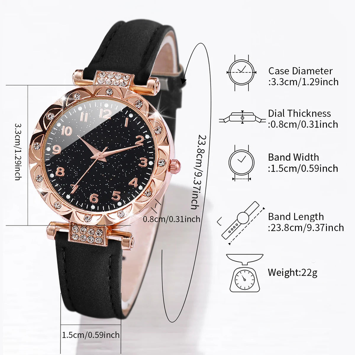2pcs Women's Rhinestone Quartz Watch & Heart Bracelet Set - PU Leather, Arabic Numeral, 33mm