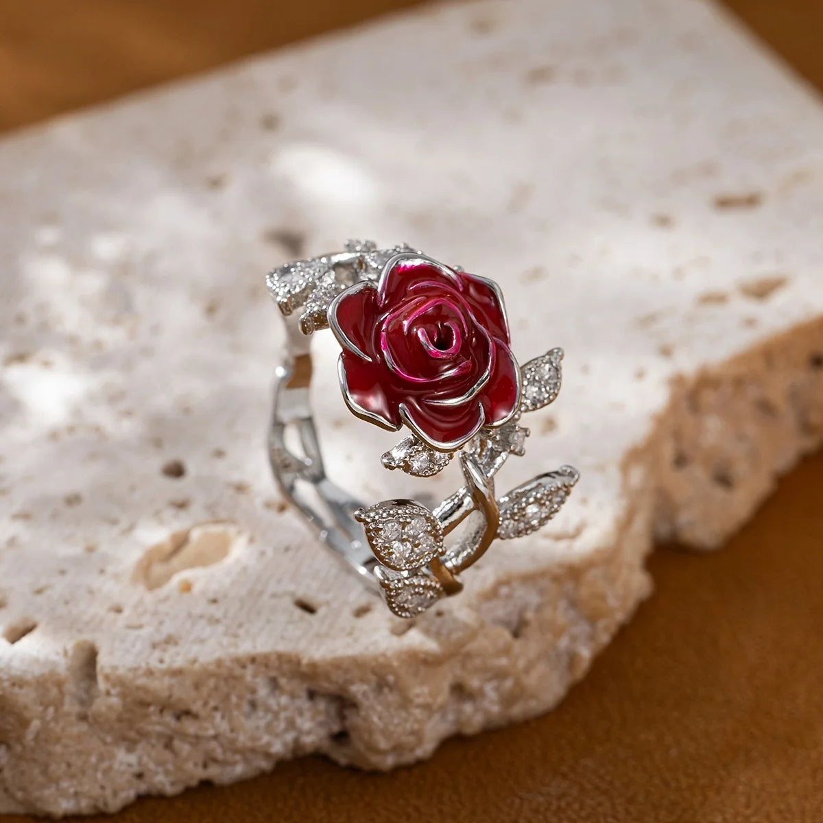 Vintage Red Rose Flower Ring - Elegant Gift Jewelry