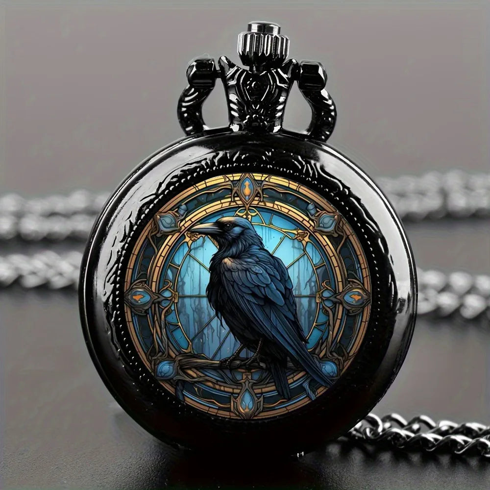 Vintage Crow Pocket Watch - Black Necklace Gift for Kids