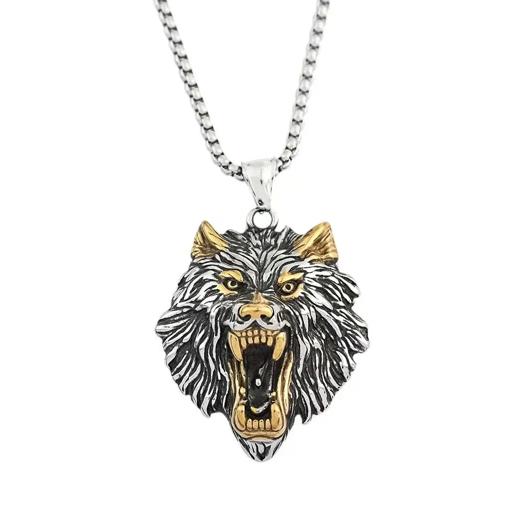 Punk Viking Wolf Head Pendant Necklace Gold Color Stainless Steel Odin Wolf Necklace Norse Mythology Jewelry Gifts Accessories
