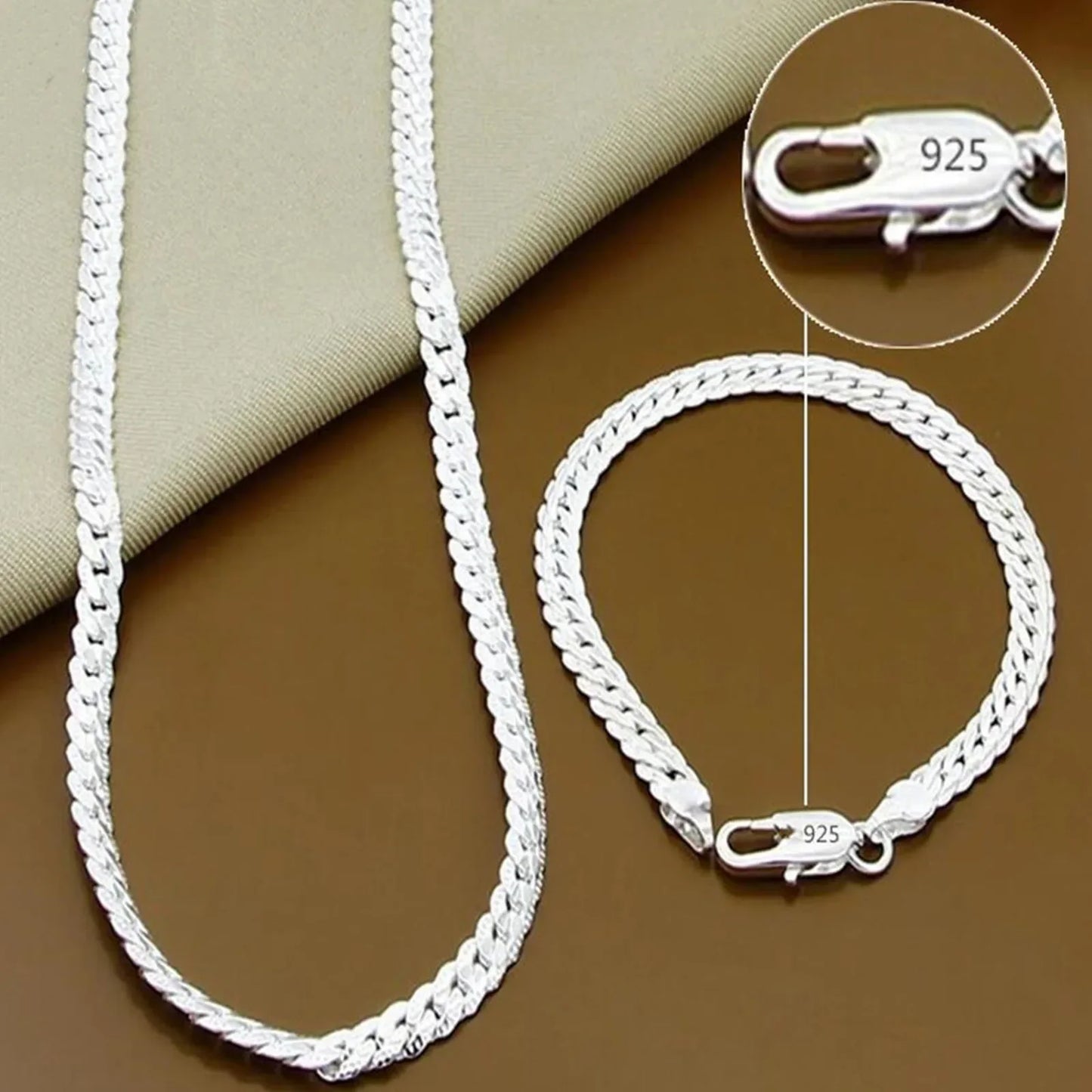 925 Sterling Silver 6mm Chain Necklace & Bracelet Set
