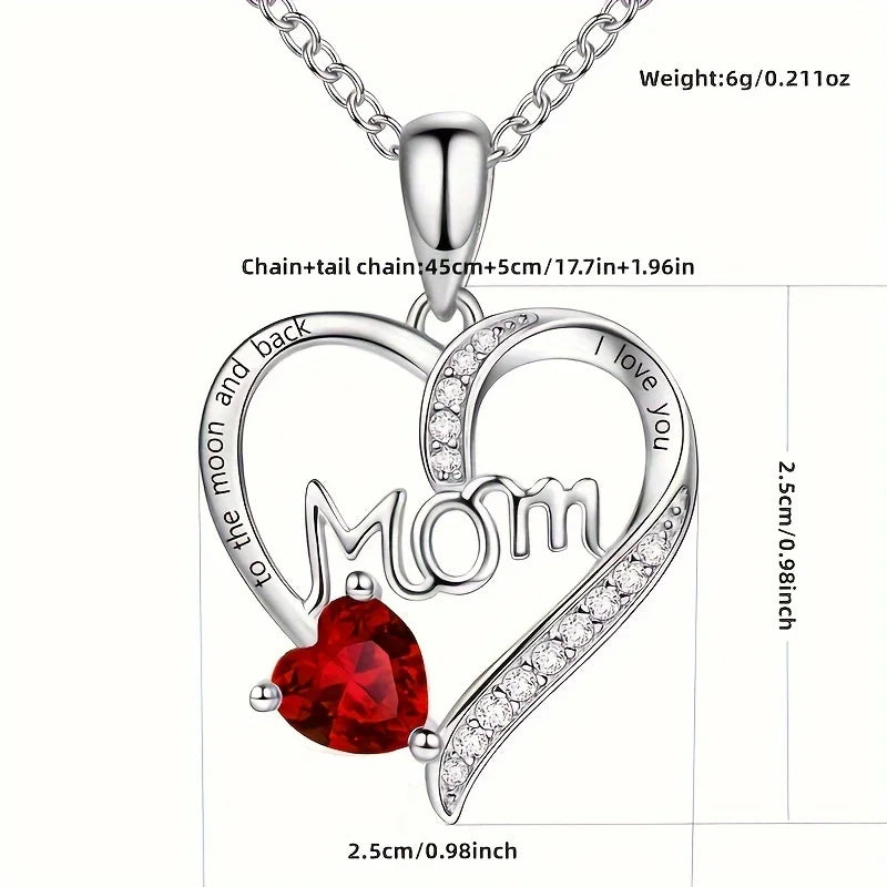 Heart 'Mom' Engraved Rhinestone Necklace – Multi-Color, 35cm