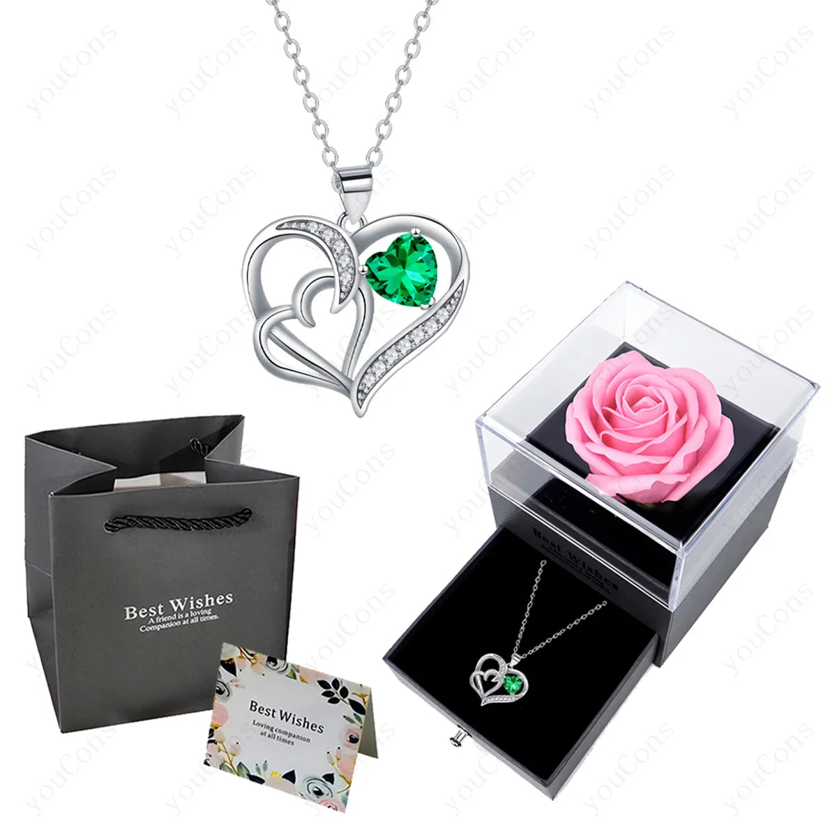 Heart Pendant Necklace with Rose Gift Box - Stainless Steel Jewelry