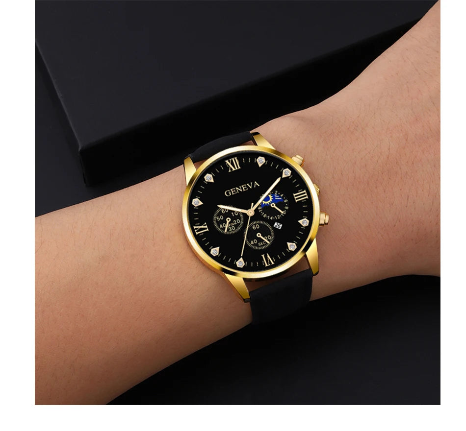 DEYROS 2pcs Men's Luxury Quartz Watch & Bracelet Set - Leather Band, Numberless Dial, No Box