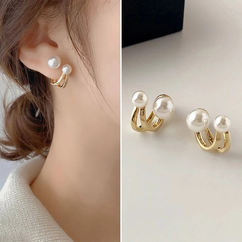 14K Gold Stud Earrings - Zircon and Pearl Twist Design