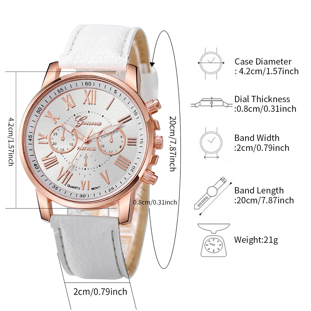 Women's 6pcs Quartz Watch & Diamond Jewelry Set - Leather Band, Roman Numeral, 42mm, No Box