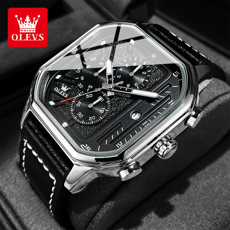 OLEVS 9950 Men's Watch - Square Sport, Waterproof, Leather Strap, Stopwatch, Backlight