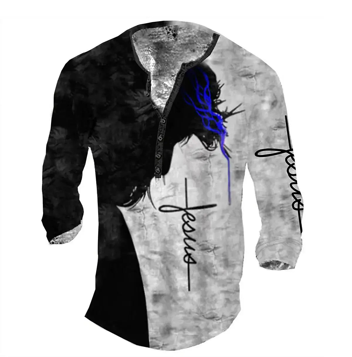 3D Wolf Men's T-Shirt - Polyester Long Sleeve Henry Collar