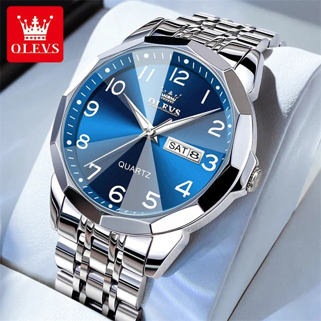OLEVS 9970 Couple Watch - Luxury, Stainless Steel, Waterproof, Calendar, Digital Dial, Rhombus Mirror