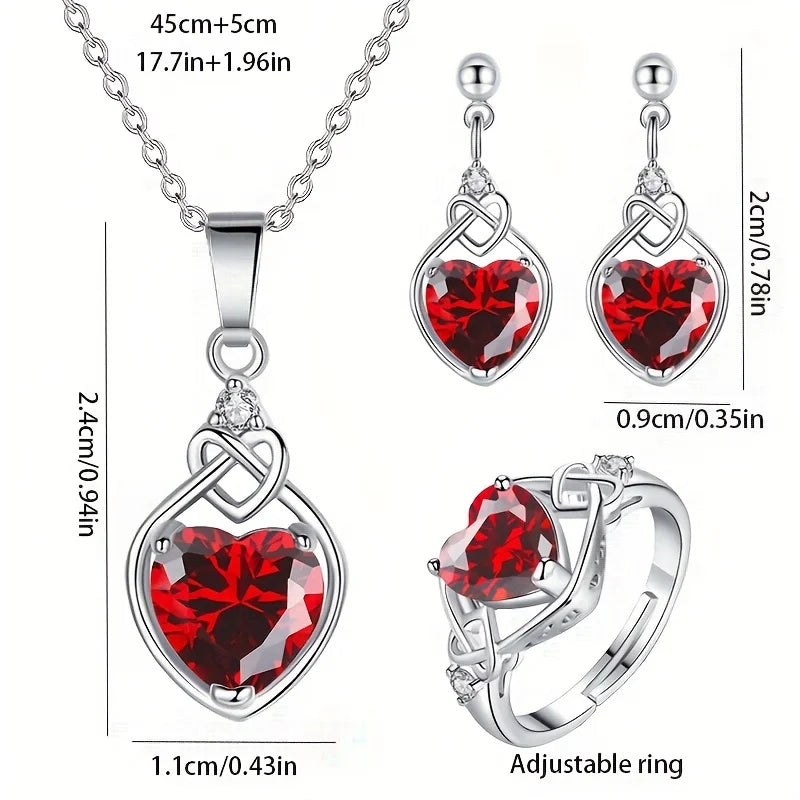 Heart Jewelry Gift Set - Earrings, Ring & Necklace with Rose Box