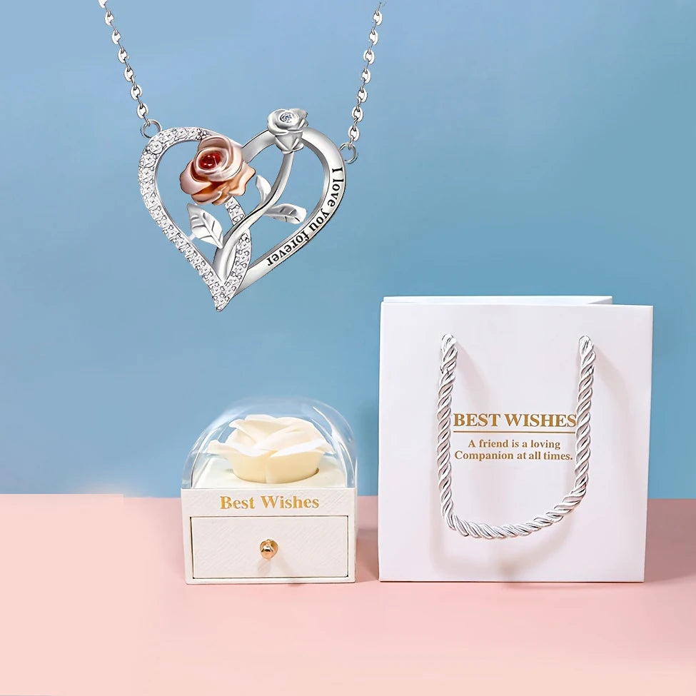 Heart Necklace with Colorful Rose Gift Box - I Love You Forever Pendant