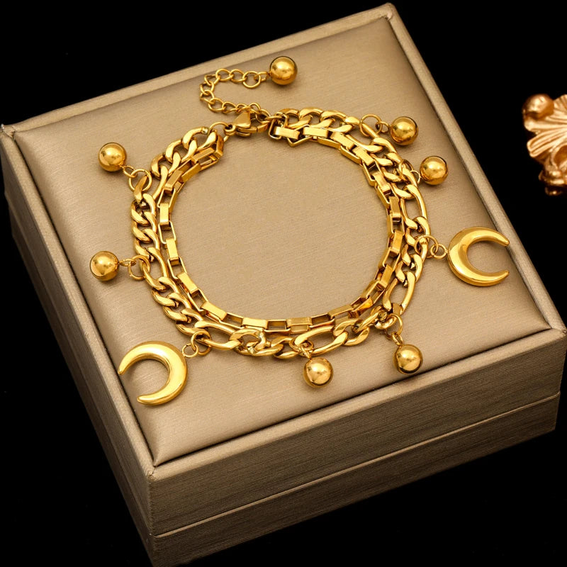 Gold Starfish Moon Star Charm Bracelet - Stainless Steel