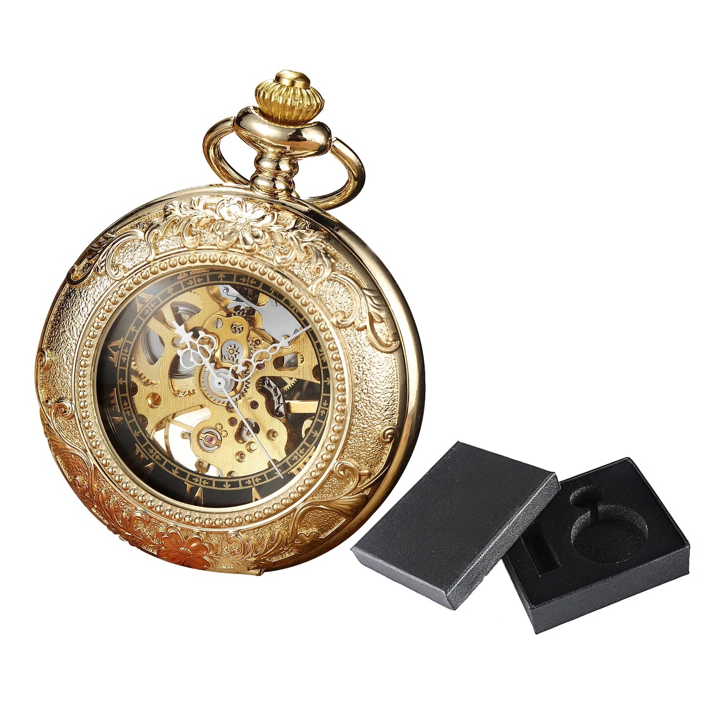 Skeleton Mechanical Pocket Watch - Golden Hollow Design with Chain