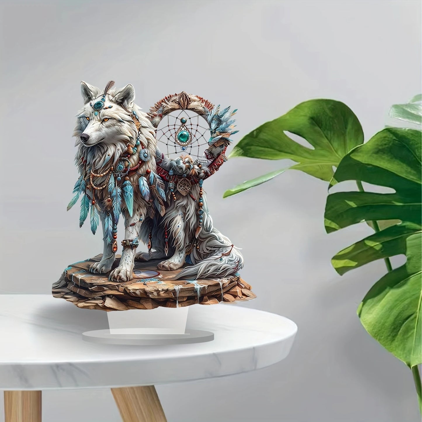 White Wolf Dream Catcher Acrylic Desk Decor - 10in 2D Tabletop Sign