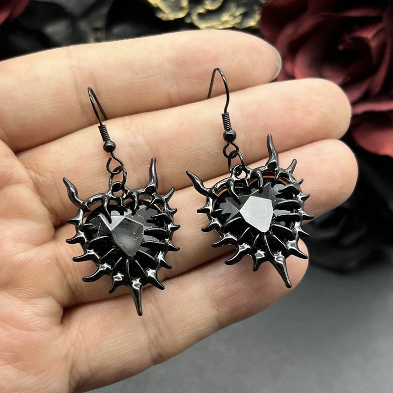 Spiky Red Glass Heart Drop Earrings - Gothic Y2K Grunge Style