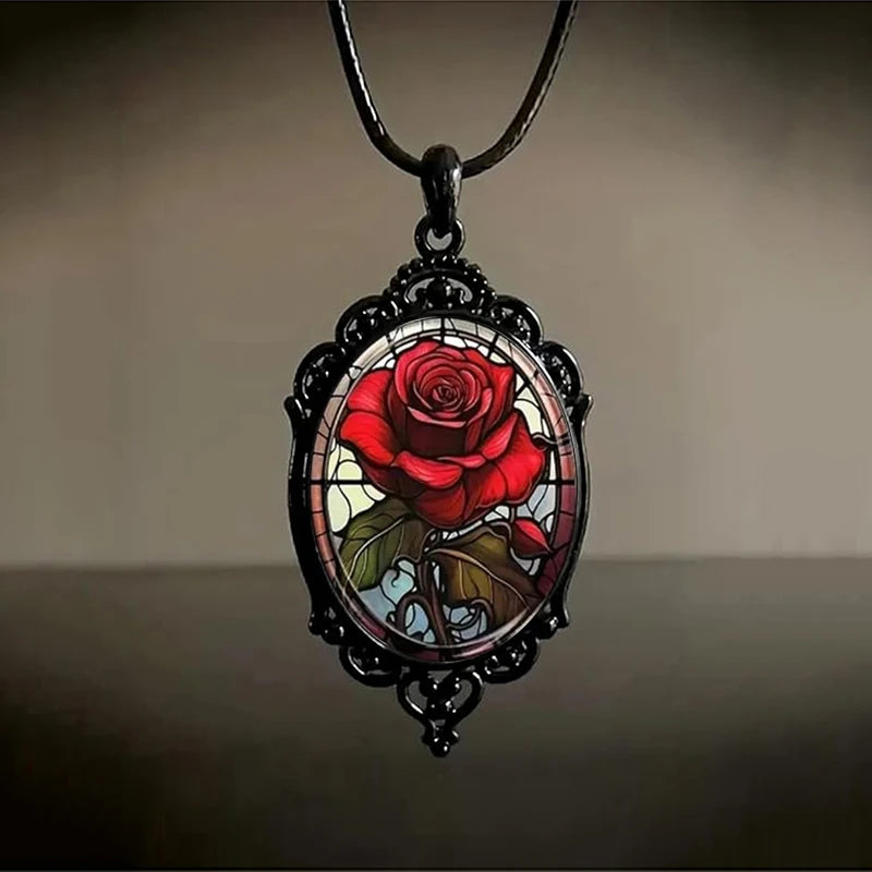 Gothic Red Rose Glass Pendant Necklace - Women's Punk Jewelry