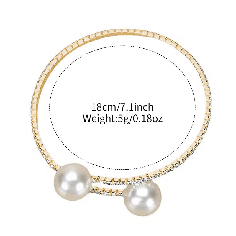 Women's 2pcs Leather Band Quartz Watch & Pearls Bracelet Set - Numberless Dial, 30mm, No Box