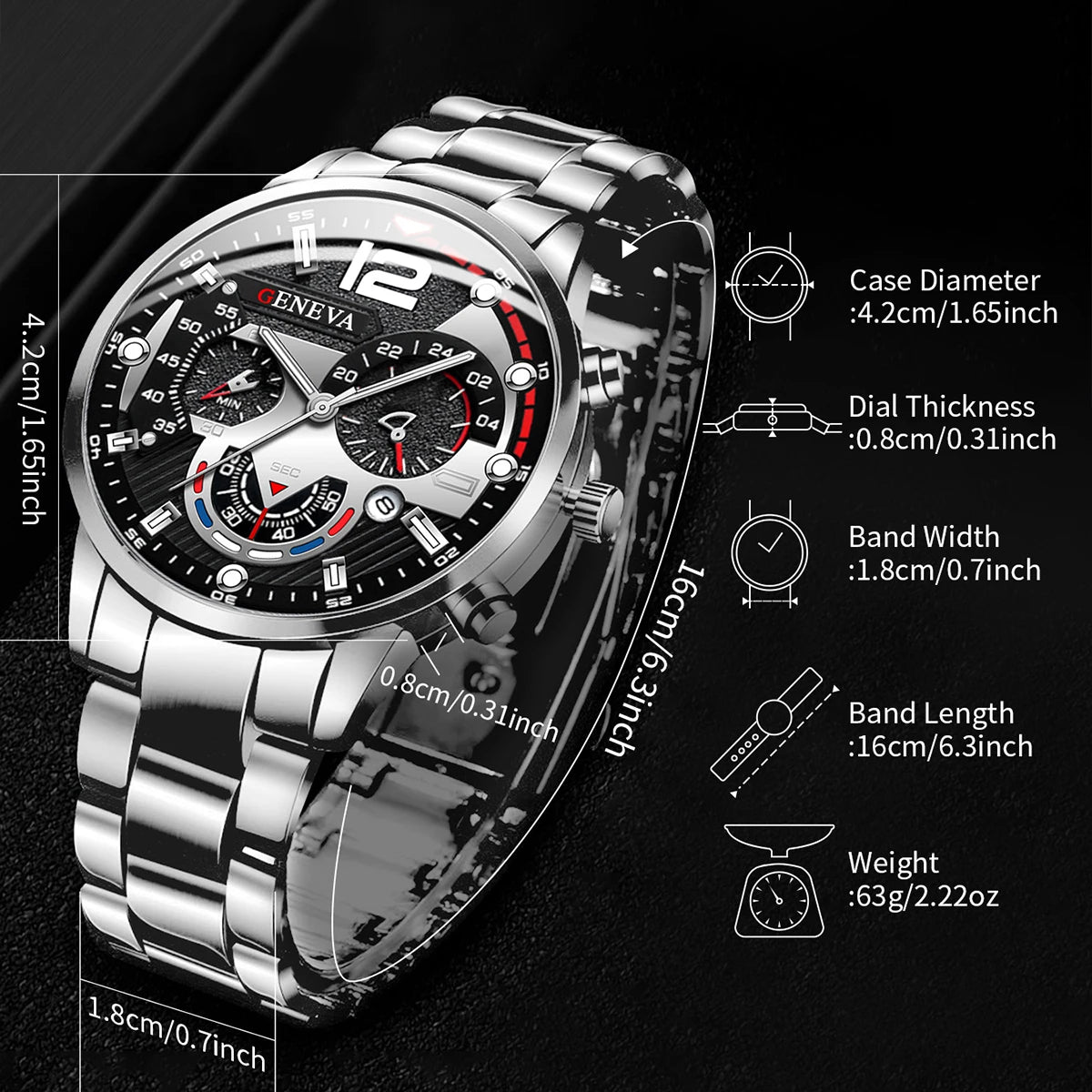 yolako 3pcs Men's Quartz Watch, Necklace & Bracelet Set - Stainless Steel, Numberless Dial, 42mm