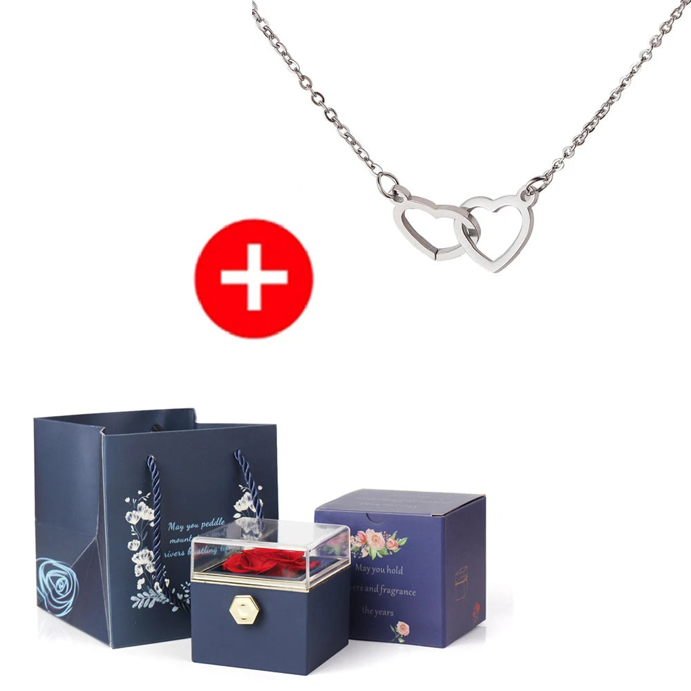Custom Double Heart Necklace - Engraved Name with Eternal Rose Box