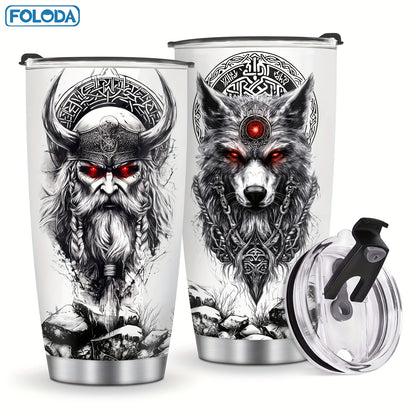 Foloda Viking Wolf Tumbler - 20oz, Insulated Stainless Steel, Lid, Norse Design, Men's Gift