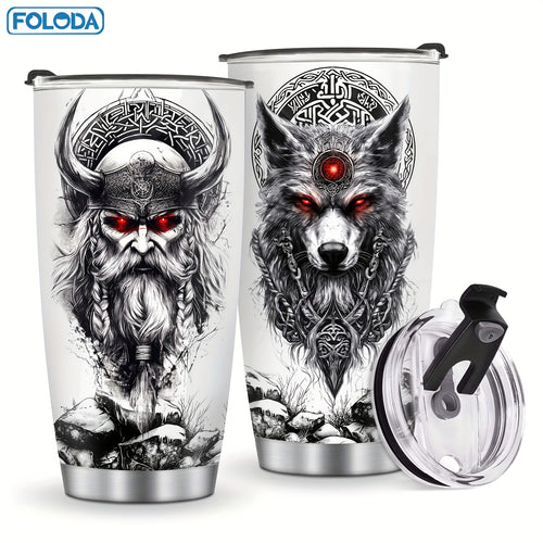 Foloda Viking Wolf Tumbler - 20oz, Insulated Stainless Steel, Lid, Norse Design, Men's Gift