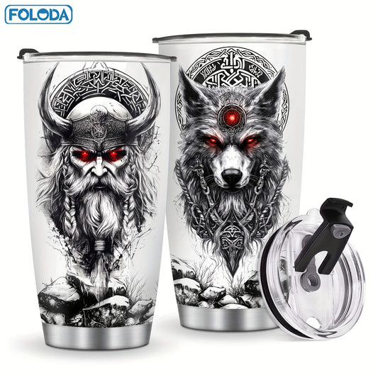 Foloda Viking Wolf Tumbler - 20oz, Insulated Stainless Steel, Lid, Norse Design, Men's Gift