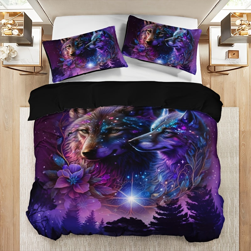 Starry Sky Forest Wolf Print 3-Piece Bedding Set - Soft & Breathable Duvet Cover for Bedroom, Guest Room & Dorm