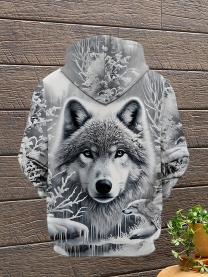Men's Wolf Print Hoodie - 3D Animal Pattern, Polyester, Regular Fit, Fall/Winter