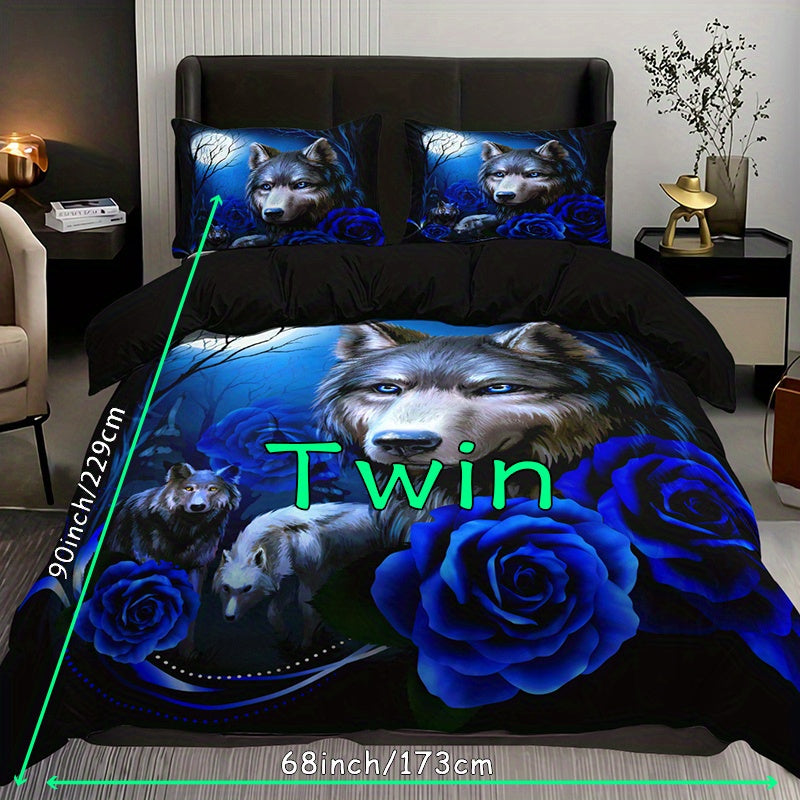 Wolf Blue Rose Duvet Cover Set - 3pcs, Soft, Breathable, All-Season, Bedroom Decor