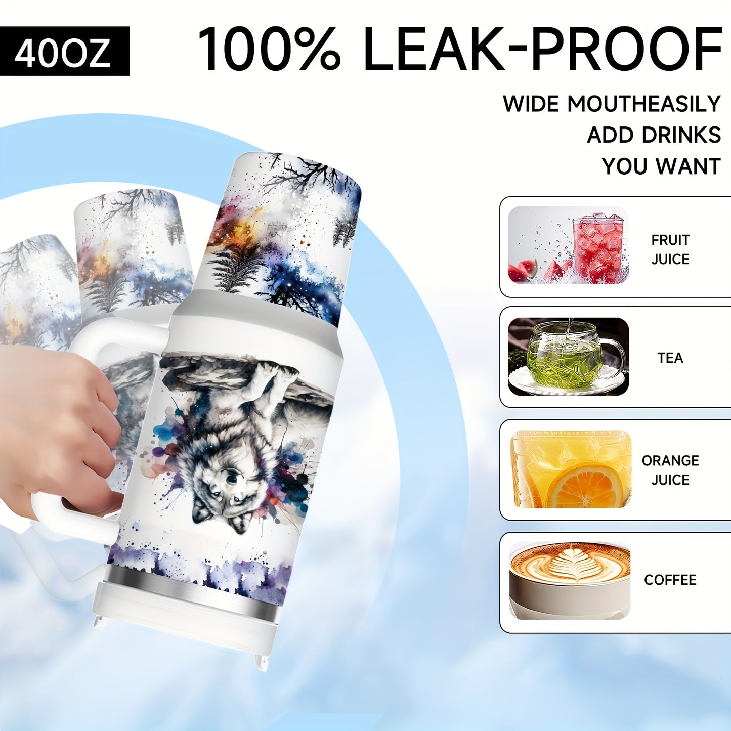 Mikenda Floral Wolf Tumbler - 40oz, Insulated Stainless Steel, Straw & Lid, Hot & Cold