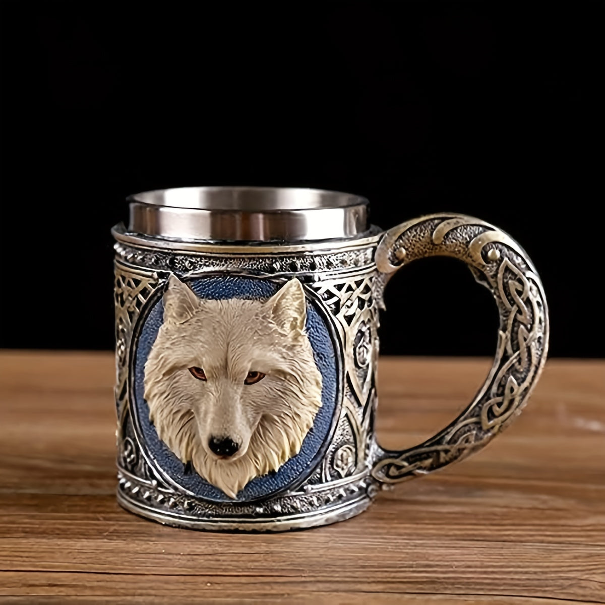 Wolf Magic Mug - Gray Wolf Celtic Tribe, Resin with Stainless Steel Rim, Coffee & Tea