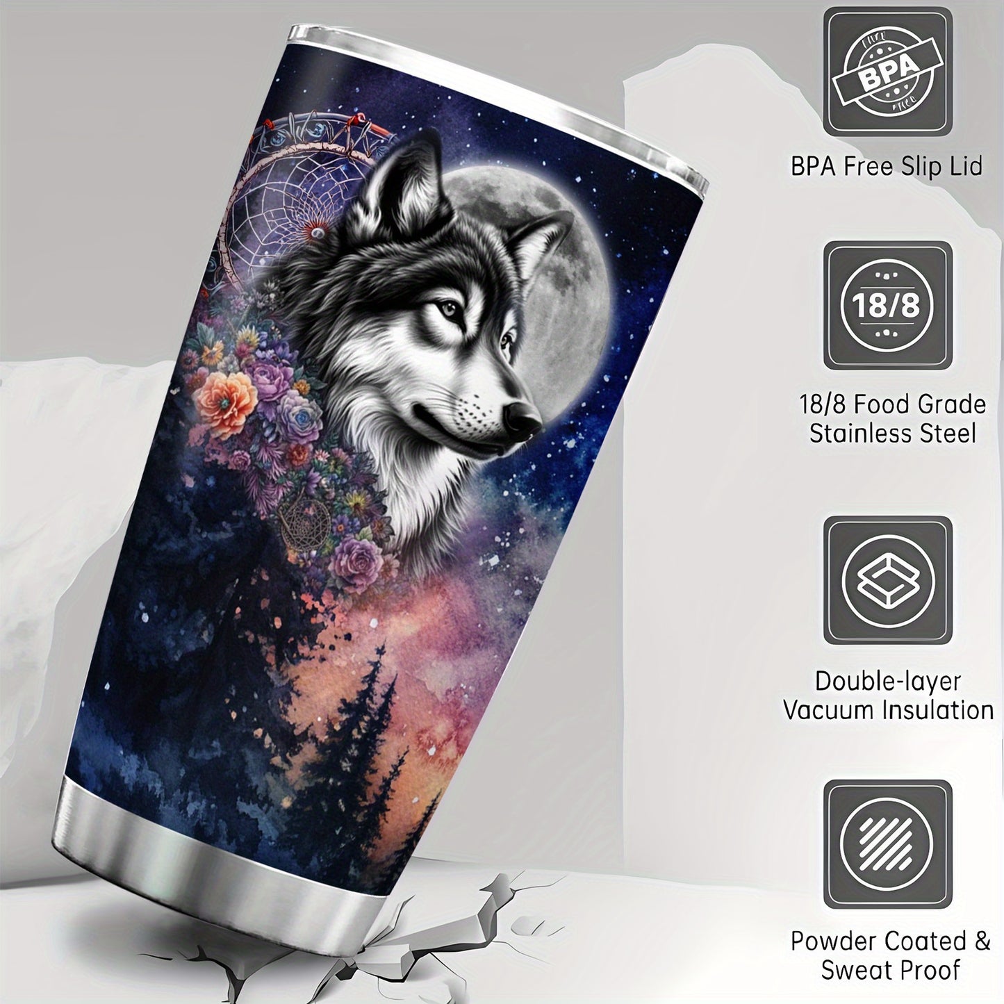 Wolf & Moon Tumbler - 20oz, Double-Wall Insulated, Mystical Forest, Car Cup, Gift