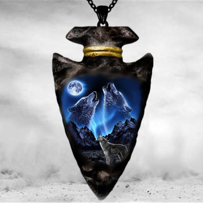 Wolf Head Pendant Necklace - Triangle Black Chain, Punk Hip Hop, Gun Black Plated