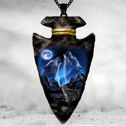 Wolf Head Pendant Necklace - Triangle Black Chain, Punk Hip Hop, Gun Black Plated