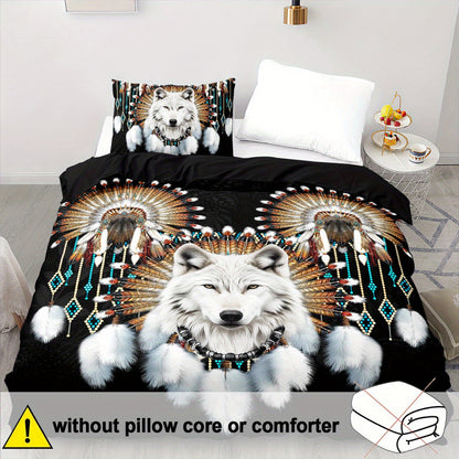 Western Tribe Wolf Duvet Cover Set - 2/3pcs, Soft, King Size, Animal Print, All-Season