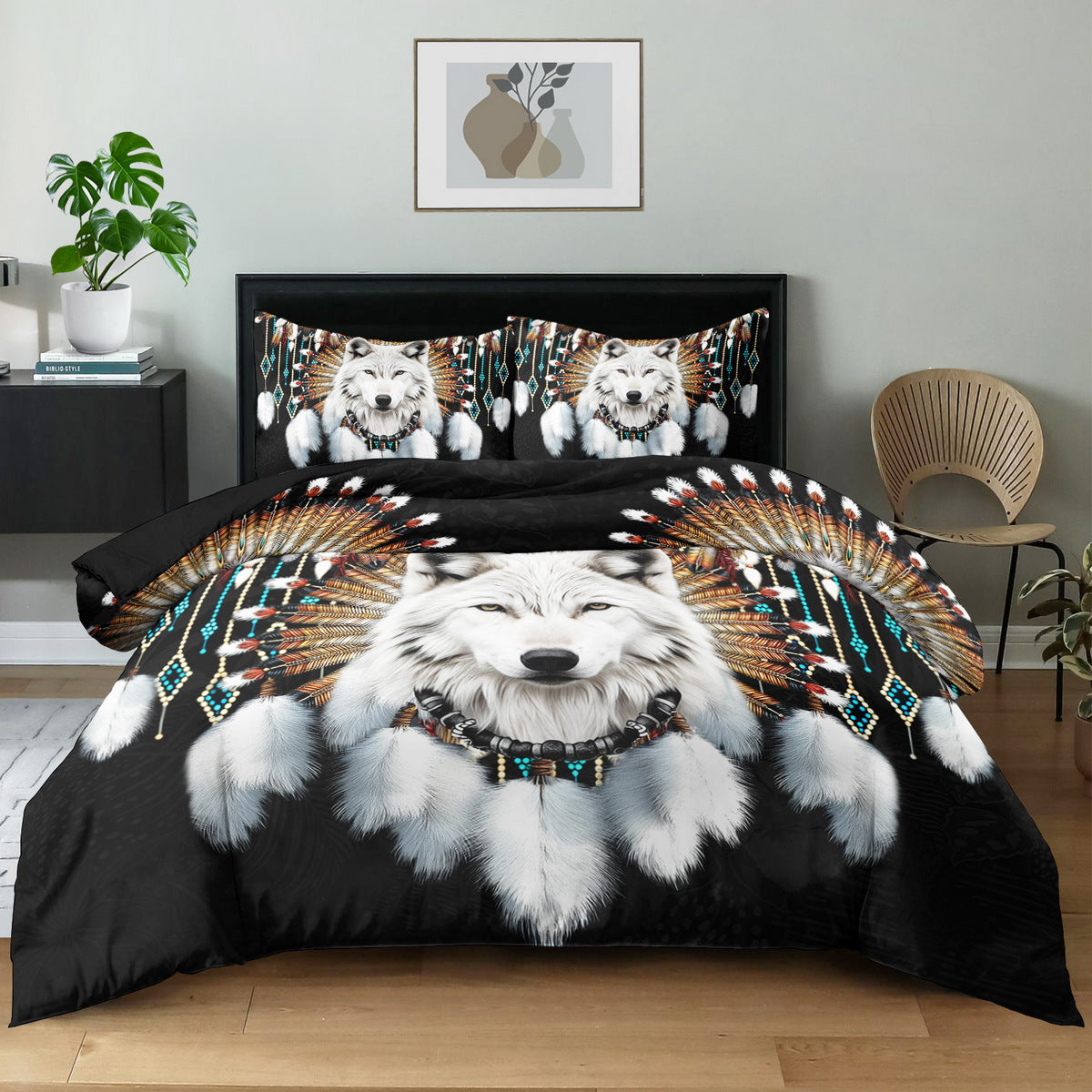 Western Tribe Wolf Duvet Cover Set - 2/3pcs, Soft, King Size, Animal Print, All-Season