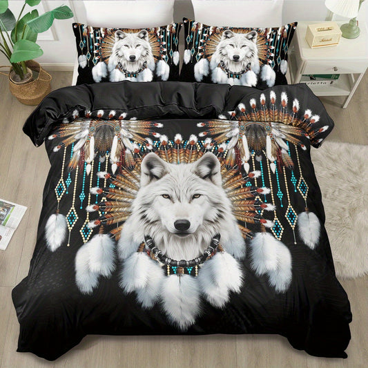 Western Tribe Wolf Duvet Cover Set - 2/3pcs, Soft, King Size, Animal Print, All-Season